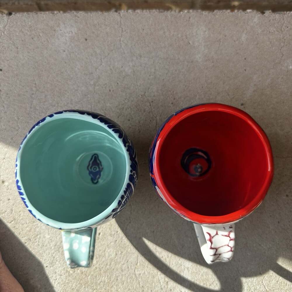 Anthropologie Habari Aztec Printed Ceramic Glossy Coffee Mug Set/2 Blue Orange - Picture 5 of 9